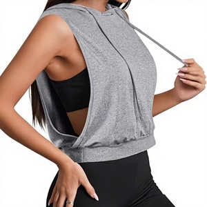 Sudadera corta sin mangas para mujer al por mayor, top corto con capucha, corte muscular, con cordón, para gimnasio, entrenamiento, athleisure, en blanco, personalizable, OEM - Product Image 1