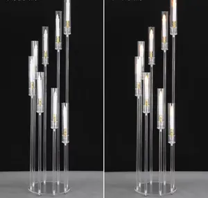 Vente en gros de 8 bras de longs tubes de verre à tige vase bougeoirs en cristal centres de table de mariage candélabres
