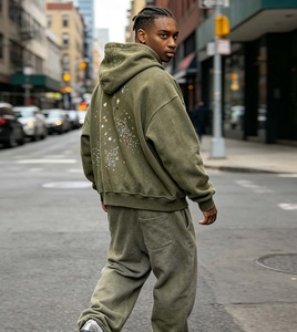 Sudadera con Capucha Oversize de Hip Hop con Estampado de Diamantes de Imitación y Bolsillo con Cremallera, Estilo Urbano, 430G, para Hombre, Fabricantes de Ropa - Product Image 1