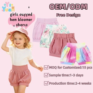 Pantalones cortos de burbuja de cintura alta para niñas, con estampado de guinga floral y tie-dye, con bolsillos, dobladillo con vuelta, sueltos, informales, de verano, tipo harem para niños - Product Image 1