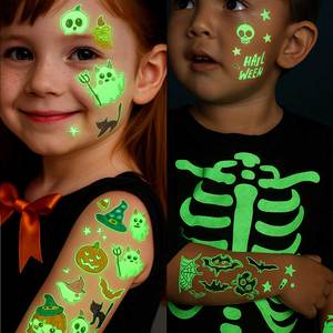 Autocollants de tatouage temporaire néon personnalisés pour enfants, imperméables, motifs citrouille, fantôme, crâne, fluorescent, dessin animé, pour fête, autocollant corporel - Product Image 3