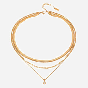 Collier superposé tendance en acier inoxydable plaqué or 18 carats, chaîne à quatre couches avec pendentif diamant, design géométrique - Product Image 1