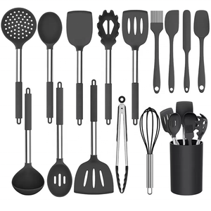 Ustensiles de cuisine gris foncé en acier inoxydable avec manche en silicone, ensemble d'ustensiles de cuisine avec seau de rangement - Product Image 1