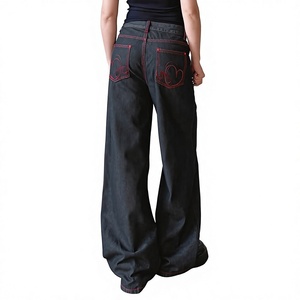 <b>Women</b> Vintage Dark Wash Wide Leg <b>Jeans</b> Low Rise <b>Baggy</b> Fit Denim Pants Red Stitching Streetwear Loose Fit Casual <b>Jeans</b> Custom - Product Image 4