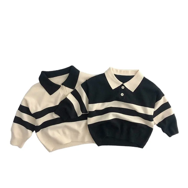 Весенне-осенний Детский свитер для мальчиков и девочек, полосатая трикотажная рубашка-поло с воротником, повседневный свободный и модный топ
