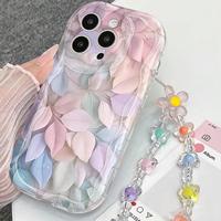 Coque de téléphone portable INS brillante et colorée avec fleurs et chaîne pour iPhone 11, 16 Pro, 17, 18 Pro Max – Coque arrière crème