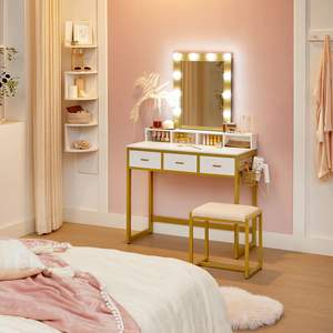 Miroir lumineux LED pour salon de beauté, studio de maquillage, table de toilette avec étagères de rangement, coiffeuse avec prise électrique pour <span class=keywords><strong>chambre</strong></span> à coucher - Product Image 4