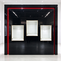 Vitrines pour opticiens, cadre noir et rouge, unité murale, niches éclairées blanches, verrouillables, CE ETL, pour magasin d'optique