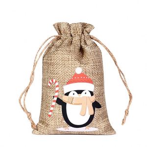 Sacs de courses en jute personnalisés pour décorations de Noël avec cordon de serrage et poignée en coton, motif dessin animé en toile de jute recyclée - Product Image 4