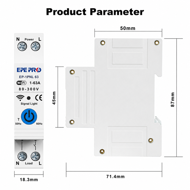 Smart WiFi Circuit Breaker 1-63A AC 80-300V Tuya APP Remote Control, Energy Metering Over/Under Voltage & Overcurrent Protection