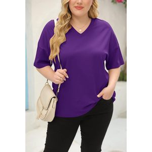 Fisoew T-shirt col en V grande taille pour femme, tunique décontractée à manches mi-longues en coton, coupe ample, tissu jersey respirant pour l'été - Product Image 3