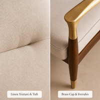 Fauteuil de détente moderne en velours crème sur mesure, finition noyer et accents en laiton, service de dessin CAO VIP.