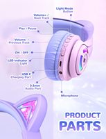 Audífonos Infantiles iClever con Orejas de Gato, Luces LED, Cancelación Activa de Ruido, Límite de Volumen de 74/85dBA, 50 Horas de Reproducción, Carga USB-C