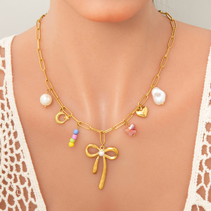 สร้อยคอไข่มุกสแตนเลสสตีลชุบทอง 18K พร้อมจี้รูปหัวใจ ดวงอาทิตย์ และดาว สำหรับผู้หญิง เครื่องประดับสำหรับงานปาร์ตี้ ผลิตที่เมืองอี้หวู่ - Product Image 4