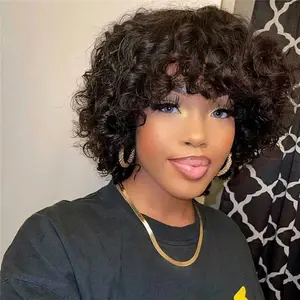 Bouncy Curly Fringe Pixie Cut Wig Short Curly Human Hair Wigs Women Cheap Egg Curls Bob Wig with Bangs for Black 1 Piece