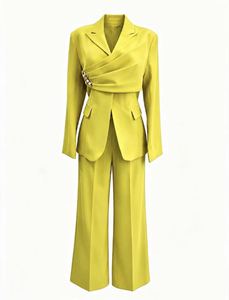 Completo da Ufficio Elegante a 2 Pezzi per Donne Curvy: Blazer Giallo Lime con Bottoni e Arricciature Traspirante e <span class=keywords><strong>Pantaloni</strong></span> a Gamba Larga - Product Image 2