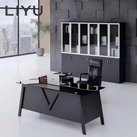 Bureau de direction contemporain professionnel Liyu en verre avec armoire latérale, grande surface, plateau supérieur en métal blanc