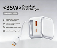 Chargeur rapide 35W GaN, adaptateur rapide, tête de charge à double port avec câble de données Type-C rétractable intégré, adapté à l'iPhone