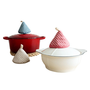 Couvercle de pot triangulaire isolé pour casseroles de cuisine, en fonte émaillée, durable, résistant à la chaleur, rayures beige, rouge et bleu - Product Image 5