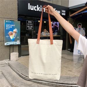 Bolsa de Mano Minimalista de Lona con Asa de Cuero, Bolsa Ecológica para Chicas, Bolsa de Mano Vintage de Gran Capacidad - Product Image 2