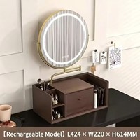 Miroir de maquillage de bureau éclairé par LED avec rotation à 360 degrés, tige télescopique, boîte de rangement en bois et miroir de maquillage