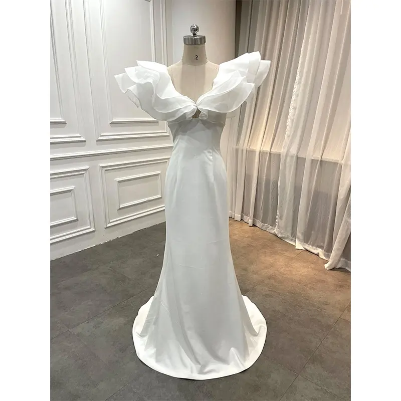 Wholesale Chic Puffy Sleeve Mermaid Trumpet Sheath Wedding Dresses Simple Rustic Bridal Crepe Wedding Gown for Civil Wedding