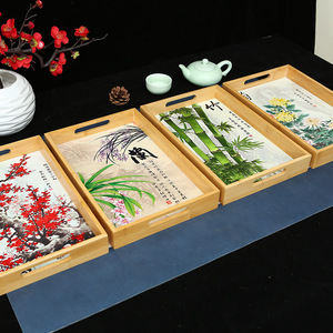 Plateau rectangulaire en bambou pour servir le thé, motif fleurs de prunier, orchidées et chrysanthèmes, pour la maison, l'hôtel et les restaurants. - Product Image 1