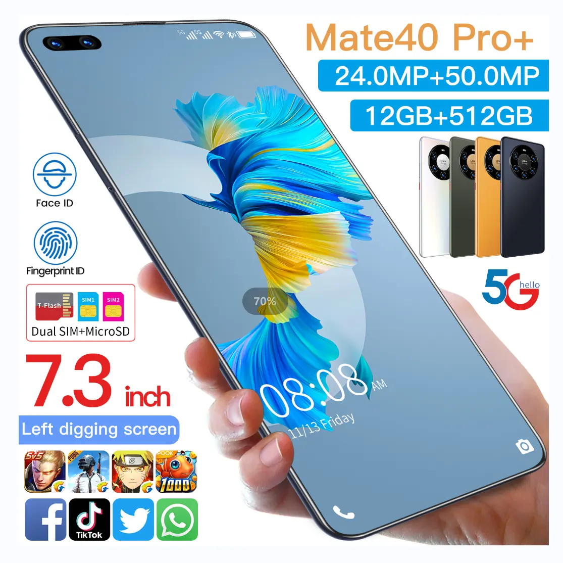 Hot Selling Mate 40 Pro+ original 12gb+512gb 24MP+48MP face unlock full Display Android 10.0 Cell Phone Smart Mobile Phone