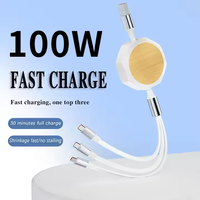 Câble de charge rapide USB 3-en-1 en bambou écologique, 1,2 m, rétractable, cuivre pur, 100 W, pour IOS, Type-C, Micro USB