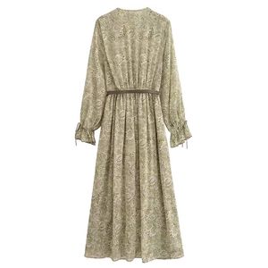 Robe mi-longue à manches longues en mousseline de soie à fleurs vintage pour femmes, col en V - Product Image 3