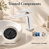 Robinet de lavabo carré chromé Idealex, design géométrique sculpté, monocommande, à poser sur le comptoir, garantie 5 ans, cartouche céramique, pour salle de bain