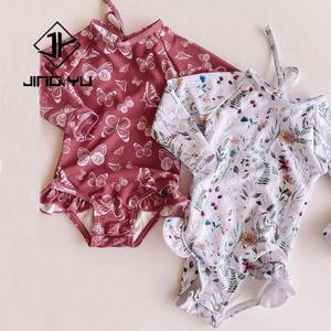 ชุดว่ายน้ำคุณภาพสูง ลายพิมพ์ชายหาด แต่งระบาย สองด้าน รับผลิตตามแบบ OEM ชุดบิกินี่ไนลอนสำหรับเด็กผู้หญิง - Product Image 1