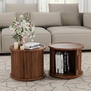 Set di 2 Tavolini da Caffè Rotondi Moderni, Tavolini Laterali Impilabili con Finitura Noce, Tavolino Contenitore per Divano e Comodino - Product Image 1