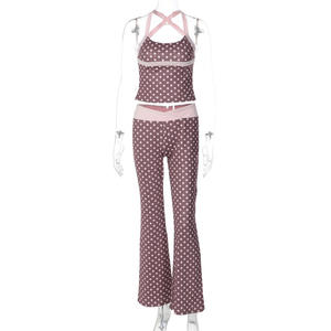Viviblook Z0112ST Women Summer Set New Polka Dot <b>Vest</b> Crop <b>Top</b> Low Waist Pants Two Pieces Set - Product Image 5