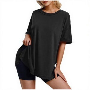 T-shirt pour femme en coton tissé respirant, couleur unie, style vintage décontracté, avec fentes sur les côtés, collection automne - Product Image 3