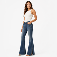 Pantalon évasé taille haute pour femme, en sergé de coton premium, avec fente latérale, ourlet effiloché brut, surpiqûres contrastées, coupe large