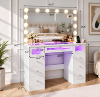 Coiffeuse avec grand plateau en verre et 9 tiroirs, miroir compact et 3 ampoules colorées
