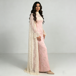 <span class=keywords><strong>Vestidos</strong></span> Elegantes <span class=keywords><strong>de</strong></span> Moda para Mujer en <span class=keywords><strong>Rosa</strong></span> Claro con Bordado Floral, Capa <span class=keywords><strong>de</strong></span> Encaje, Cuello Alto, Manga Larga con Campana, Cola <span class=keywords><strong>de</strong></span> Sirena - Product Image 3