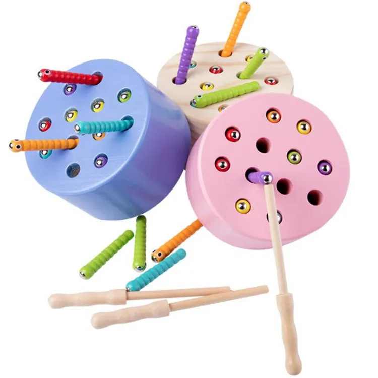 클래식 장난감 마그네틱 캐치 웜 나무 낚시 장난감 아기 잡기 게임