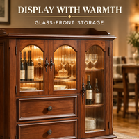 Buffet vintage en bois massif, armoire de rangement avec porte en verre cannelé pour salle à manger et cuisine