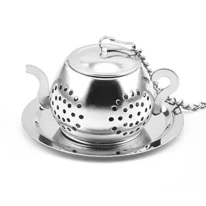 Venta al por mayor plato bandeja de filtro-Minicolador Infusor de té en forma de tetera de hoja suelta de acero inoxidable, con cadena y bandeja de goteo, superventas