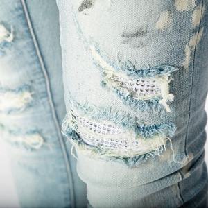 Popular <b>Slim</b> Fitting Custom Rhinestone logo <b>Patch</b> Distressed Men Wash Jeans - Product Image 6