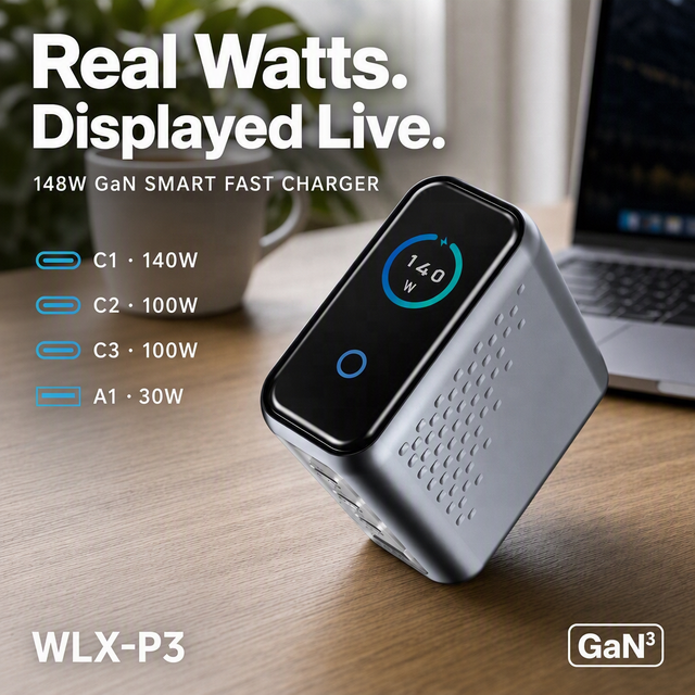 Durable GaN3 Charger 148W PD3.1, Multi-Port with Smart Screen USB-C PD, Portable Design Bulk Order Welcome