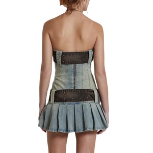 New Arrival Club Style Design Custom Fashion <b>Outfits</b> Blue Wash Belted Corset Mini Denim Kilt Dress for Women - Product Image 3