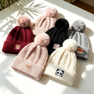 Wholesale Custom Embroidery Wovel Label Logo Pom Pom Beanies 100% Acrylic Knit <strong>Fleece</strong> <strong>Lined</strong> Winter <strong>Hats</strong> Warm <strong>Bobble</strong> Caps - Product Image 3