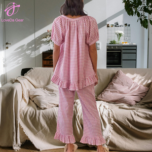 Loveda Wholesale New Arrival <strong>Women</strong> Summer <strong>Plaid</strong> Shirt and <strong>Trousers</strong> Suit Soft Casual Home Clothes - Product Image 2
