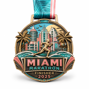 Médaille de finisseur personnalisée en alliage de zinc 3D doré, style Art Déco, avec palmier, pour marathon de <span class=keywords><strong>Miami</strong></span>, avec ruban rose et turquoise - Product Image 1