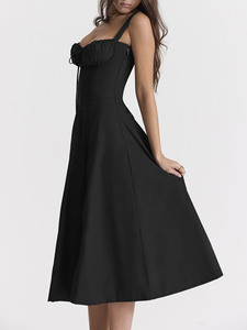 Meilleures ventes Holiday Robe à épaules dénudées Robe sans manches à bretelles <span class=keywords><strong>spaghetti</strong></span> Robes vintage pour femmes de couleur unie - Product Image 3