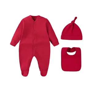 Fabrika fiyat bebek yeni doğan bebek yürüyor 3 parça 100% pamuk giyim hediye seti dahil footie romper romper bib şapka