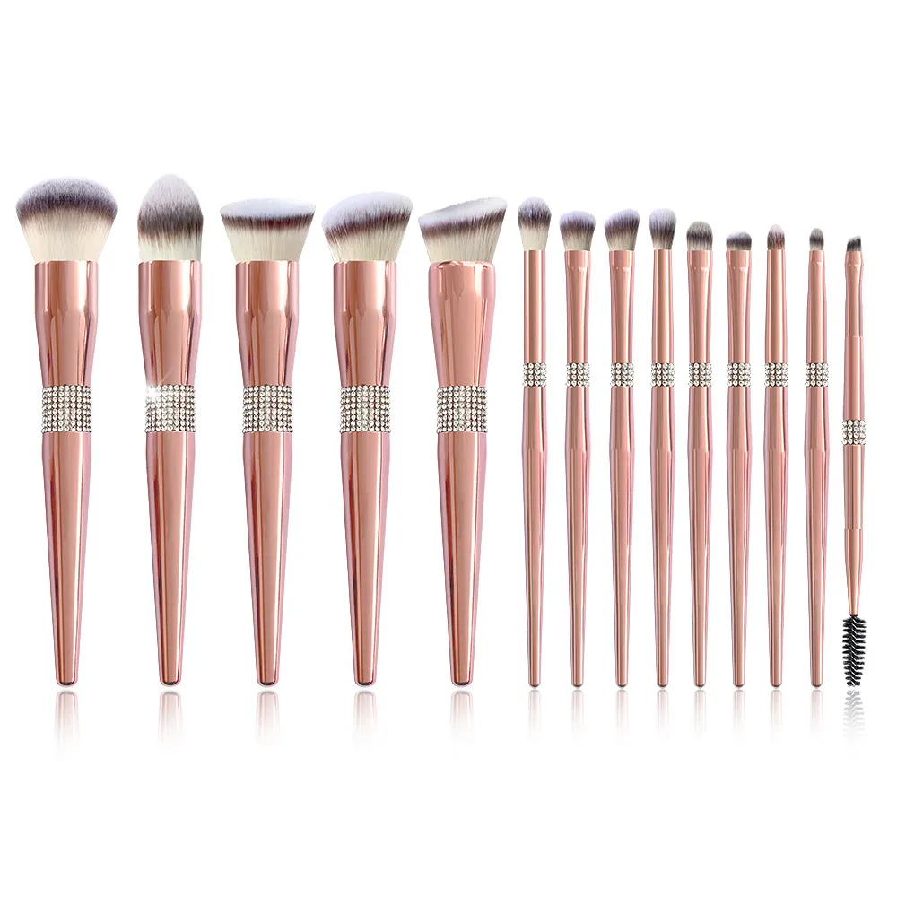 10 12 14Pcs Rose gold Glitter handle Kabuki Foundation and eyeshadow soft fiber crystal diamond Makeup Brush Set with your logo